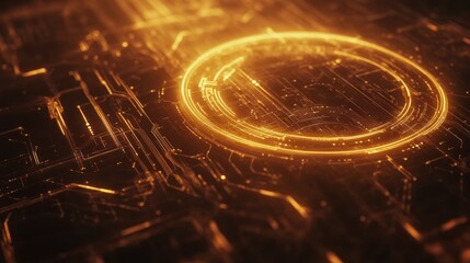 Poster - Abstract circuit board with glowing orange circle.