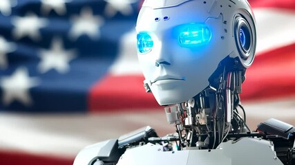 Poster - Humanoid Robot Standing in Front of an American Flag Representing AI's Impact on U.S. Society