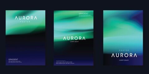Wall Mural - Modern gradient poster aurora design vector set. Minimalist cover template with vibrant northern light collection. Ideal design for background, social media, cover, banner, flyer, ads.