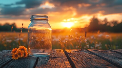 Poster - Glass jar on wooden table in field with wildflowers at sunset, tranquil and serene nature scene. Peaceful rural landscape concept
