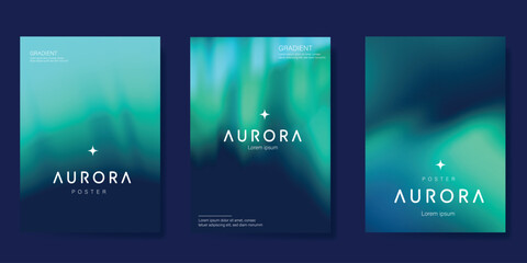 Wall Mural - Modern gradient poster aurora design vector set. Minimalist cover template with vibrant northern light collection. Ideal design for background, social media, cover, banner, flyer, ads.