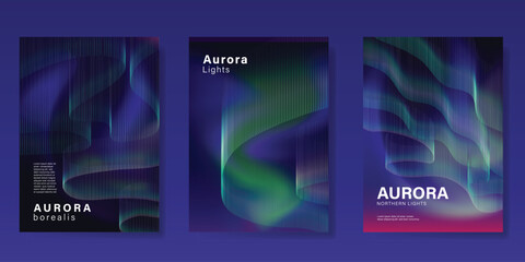 Wall Mural - Modern gradient poster aurora design vector set. Minimalist cover template with vibrant northern light collection. Ideal design for background, social media, cover, banner, flyer, ads.