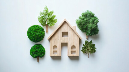 Poster - Wooden house model surrounded by green trees and plants