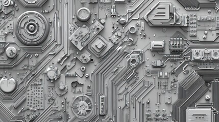 Poster - Abstract circuit board texture with various electronic components. Grey, monochrome, detailed, and complex design.