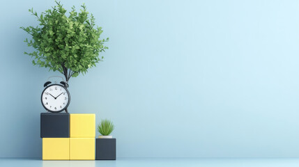 Fototapete - Green plant and clock on colorful blocks against a blue wall