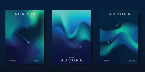 Wall Mural - Modern gradient poster aurora design vector set. Minimalist cover template with vibrant northern light collection. Ideal design for background, social media, cover, banner, flyer, ads.