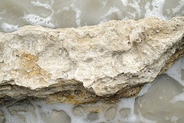 Poster - Natural rock formation on a sandy beach surrounded by foamy ocean waves during low tide