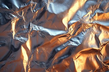 Poster - Unique crumpled metallic surface with silver and orange hues illuminated in soft light