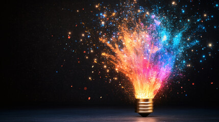 Poster - Creative explosion of colors emanating from a light bulb against a dark background
