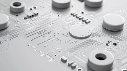 Poster - Close-up view of a circuit board with intricate electronic components, showing detailed traces, circuit patterns, and round elements.