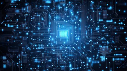 Poster - Abstract circuit board with glowing blue lines and components. (1)