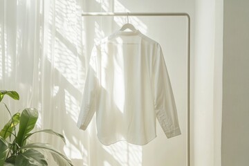 Poster - Natural light illuminates a white shirt hanging elegantly in a sunlit room with greenery