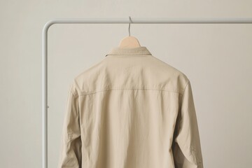 Poster - Soft beige shirt hanging on a simple rack against a light background emphasizing minimalistic style and fashion
