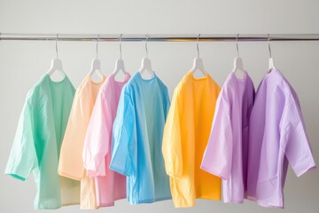 Poster - Colorful pastel shirts hanging neatly on a rack in a minimalist indoor setting