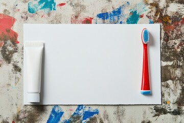 Poster - Bright red toothbrush and white toothpaste next to blank paper on colorful splattered surface in a creative setting