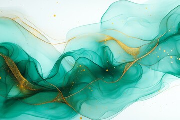 Aufkleber - Elegant turquoise and gold abstract design featuring flowing waves and sparkles on a light background