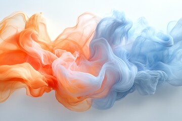 Poster - Flowing fabric in shades of orange and blue creates an ethereal visual effect in a soft, serene setting