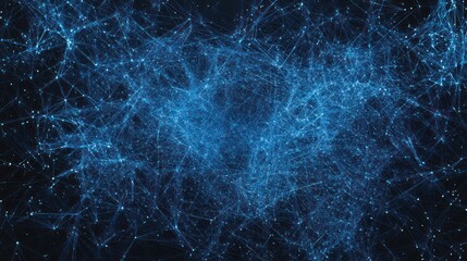 Abstract network of interconnected lines and points, creating a complex and intricate design. Deep blue tones against a dark background.