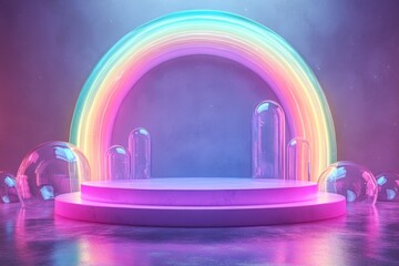 Aufkleber - Colorful neon rainbow with glowing spheres in a vibrant, dreamy setting