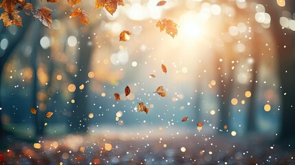 Poster - Vibrant golden sunlit bokeh over a softly blurred autumn forest landscape.