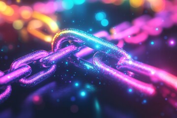 Poster - Colorful chains illuminated with neon lights reflect a vibrant and futuristic atmosphere in an abstract composition