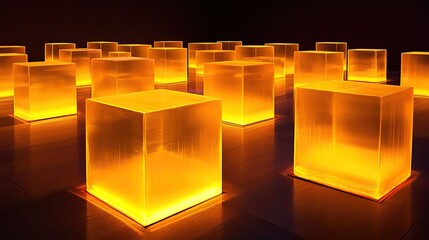 Poster - Yellow light glowing subtly in the dark, casting abstract, shimmering reflections across a surface.