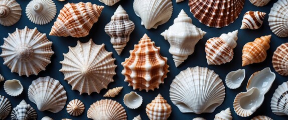 Poster - Variety of Beautiful Seashells in Different Shapes and Colors on Dark Background with Space for Text or Design Elements