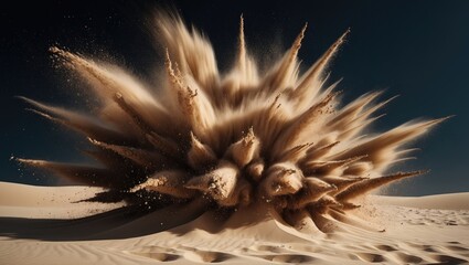 Poster - Dynamic sand explosion creating an abstract cloud against a dark background, showcasing motion blur and explosive energy in a desert landscape.