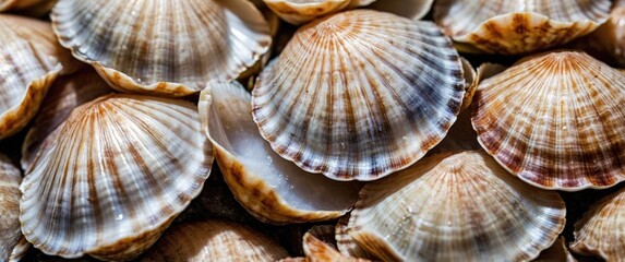 Poster - Scallop Sea Shells Clustered Together Creating Natural Texture and Pattern Background Ideal for Culinary or Nature Related Themes