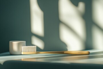 Poster - Eco-friendly toothbrush and container placed on a light blue surface with soft shadows during morning light