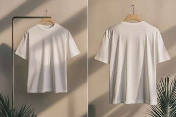 Poster - Lightly draped white t-shirt hanging against a minimalist background with soft shadows
