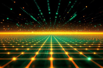 Aufkleber - Vibrant digital landscape with neon grid and glowing particles in motion