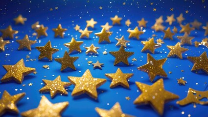 Aufkleber - Golden glittering stars scattered on vibrant blue background creating a luxurious ambiance for celebrations and decorative purposes.