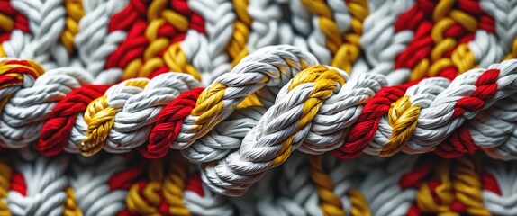 Poster - Patterned rope texture featuring intertwined white, red, and yellow fibers creating a vibrant background suitable for various design applications.