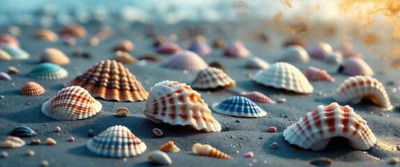 Poster - Colorful seashells scattered on gray sandy beach creating a serene and natural background for design or artistic projects.