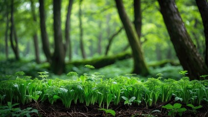 Aufkleber - Lush Green Forest Floor with Dense Foliage and Soft Light Filtering Through Trees Creating a Serene Natural Environment