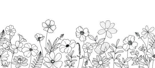 Wall Mural - spring and summer flower pattern seamless background vector. hand drawn botanical floral line art, d