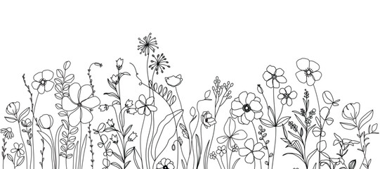 Wall Mural - spring and summer flower pattern seamless background vector. hand drawn botanical floral line art, d