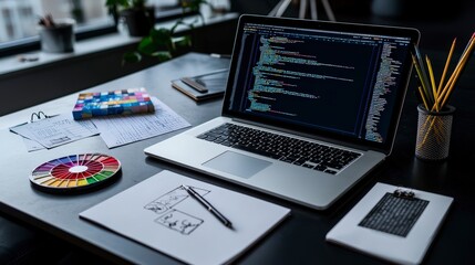 Poster - Coding notes and color wheel flat lay on desk modern workspace creative setup aesthetic view digital design