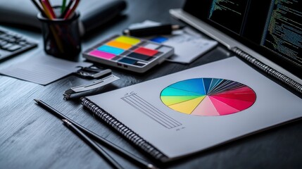 Poster - Coding notes and color wheel flat lay creative workspace digital art modern environment top-down view