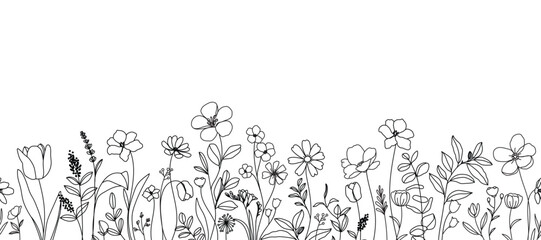 Wall Mural - spring and summer flower pattern seamless background vector. hand drawn botanical floral line art, d