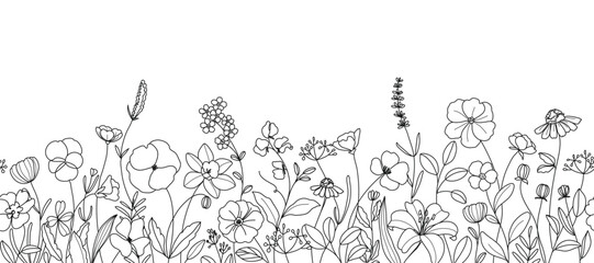 Wall Mural - spring and summer flower pattern seamless background vector. hand drawn botanical floral line art, d