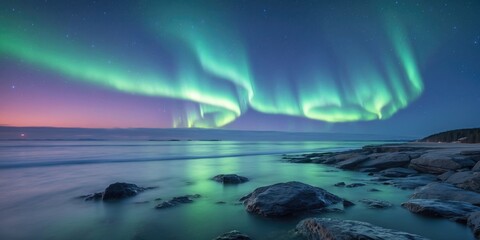 Aufkleber - Tranquil Seascape Under Northern Lights with Soft Focus Effect Long Exposure and Ample Copy Space for Text Overlay