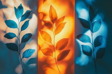 Poster - Beautiful interplay of shadows and leaves creating a colorful display on a wall at sunset