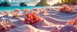 © pngking - Coral formations on sandy beach with turquoise waters in Bali during sunset showcasing natural beauty and tranquility