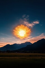 Wall Mural - fiery sun over mountain valley at sunrise
