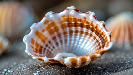 Poster - Close-up Macro Image of Scallop Seashell on Textured Background Showcasing Detailed Patterns and Colors in Focused Clarity.