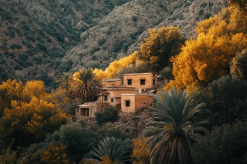 Poster - Rustic village nestled in vibrant autumn foliage with mountains in the background during golden hour. Generative AI