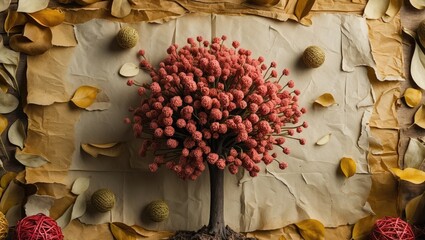 Aufkleber - Textured vintage paper background with decorative plane tree seed balls and dried leaves arranged artistically for a natural aesthetic.