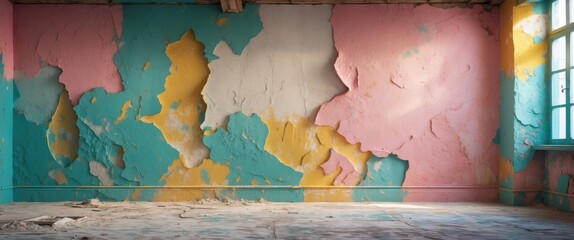 Poster - Vibrant vintage plaster wall with peeling paint in pastel colors creating a unique textured background for artistic and decorative use.